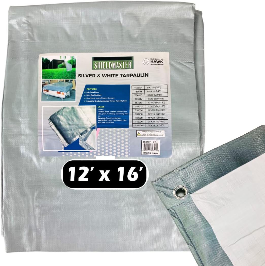 SHIELDMASTER 12' x 16' Silver and White Poly Tarp Cover | 10 Mil Thickness - Industrial Strength | 100% Waterproof, UV Resistant, Rip and Tear Proof Tarpaulin | Great for Outdoors
