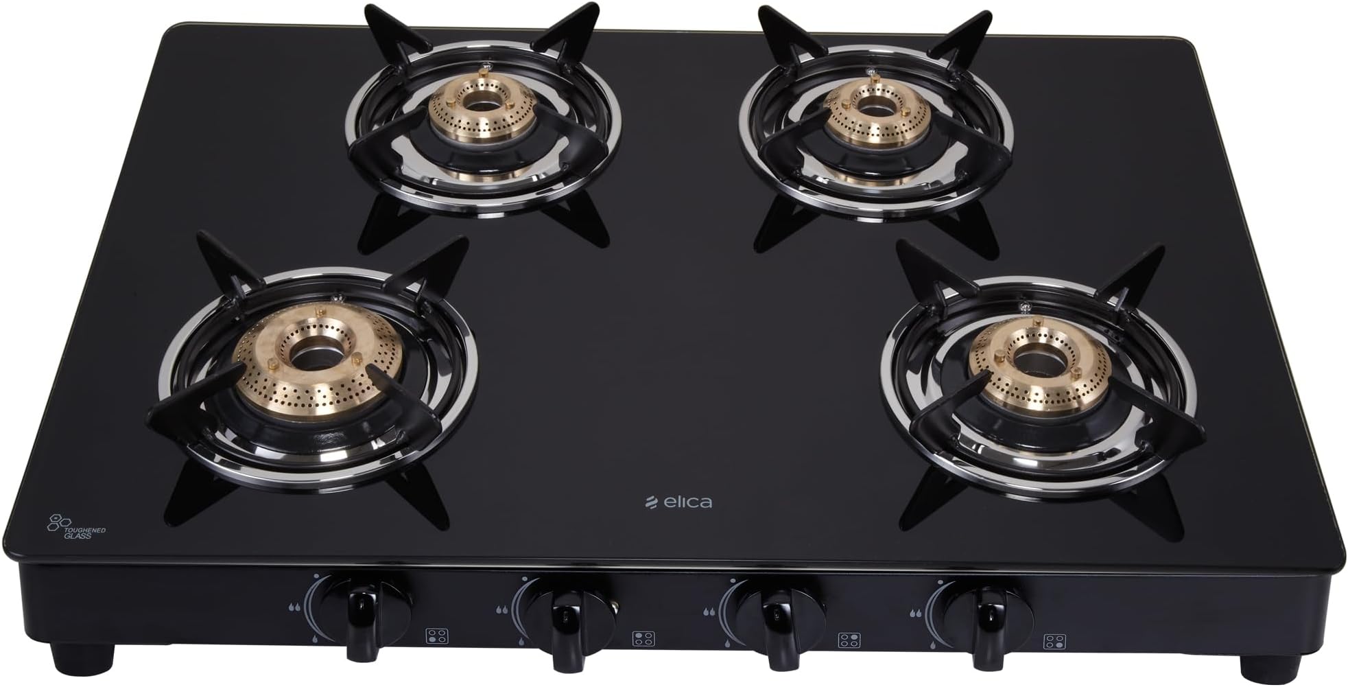 Elica 4 Burner Auto Ignition Gas Stove | 694 CT VETRO BLK AI | Toughened Glass Top | Brass Burners | Euro-Coated Pan Support | 7-Year Glass Warranty | Black