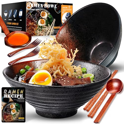 8 Pollici 2 Set Ciotola Ramen In Ceramica(9 pezzi), Ciotola Di Pasta Giapponesi Con Ricette Forchetta Bacchette E Cucchiaio Per Spaghetti Zuppa Di Insalata Snack Bowl Regali Per Uomini Donne Di Casa