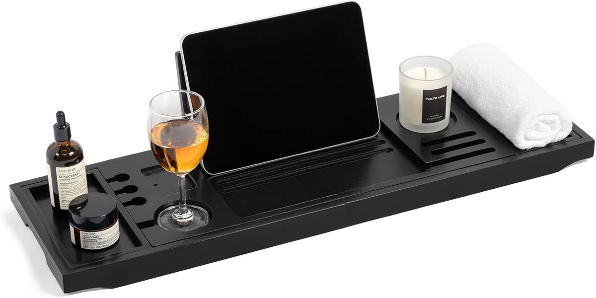 Bamboo Bathtub Tray Caddy - Splash-Proof Adjustable (28.5-40") with Wine Holder, Tablet Stand & Non-Slip Grip | Spa-Grade Organizer for Bath Essentials & Reading- Black