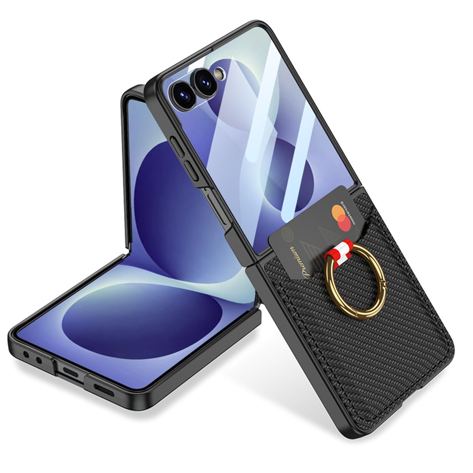 LUOTANL Card Slot Case for Samsung Galaxy Z Flip 8, Carbon Fiber Texture Plating Ring Screen Protector Cover