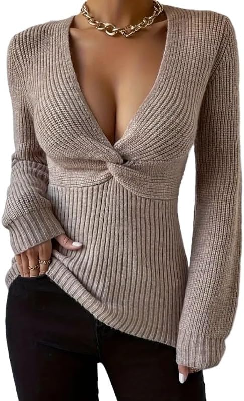 Women's Slimming Sexy Deep V-Neck Bodycon Knit Sweater - Solid Color Fall/Winter Pullover