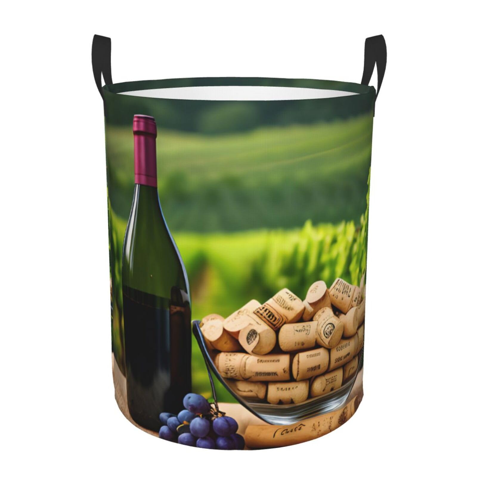 S Collapsible Laundry Hamper Round Wine Bottle Corks Grapes Print Storage