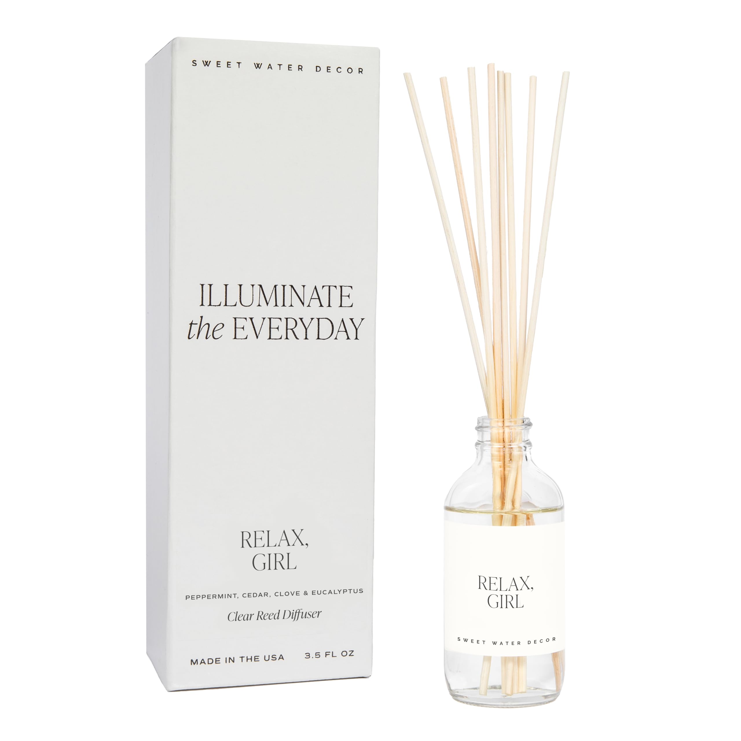 Sweet Water Decor Relax Girl Clear Reed Diffuser Set – Aromatherapy Home Fragrance with Peppermint, Cedar, Clove &amp; Eucalyptus Notes – Long-Lasting Scent for Bedroom &amp; Bathroom – Lasts Up to 4 Months