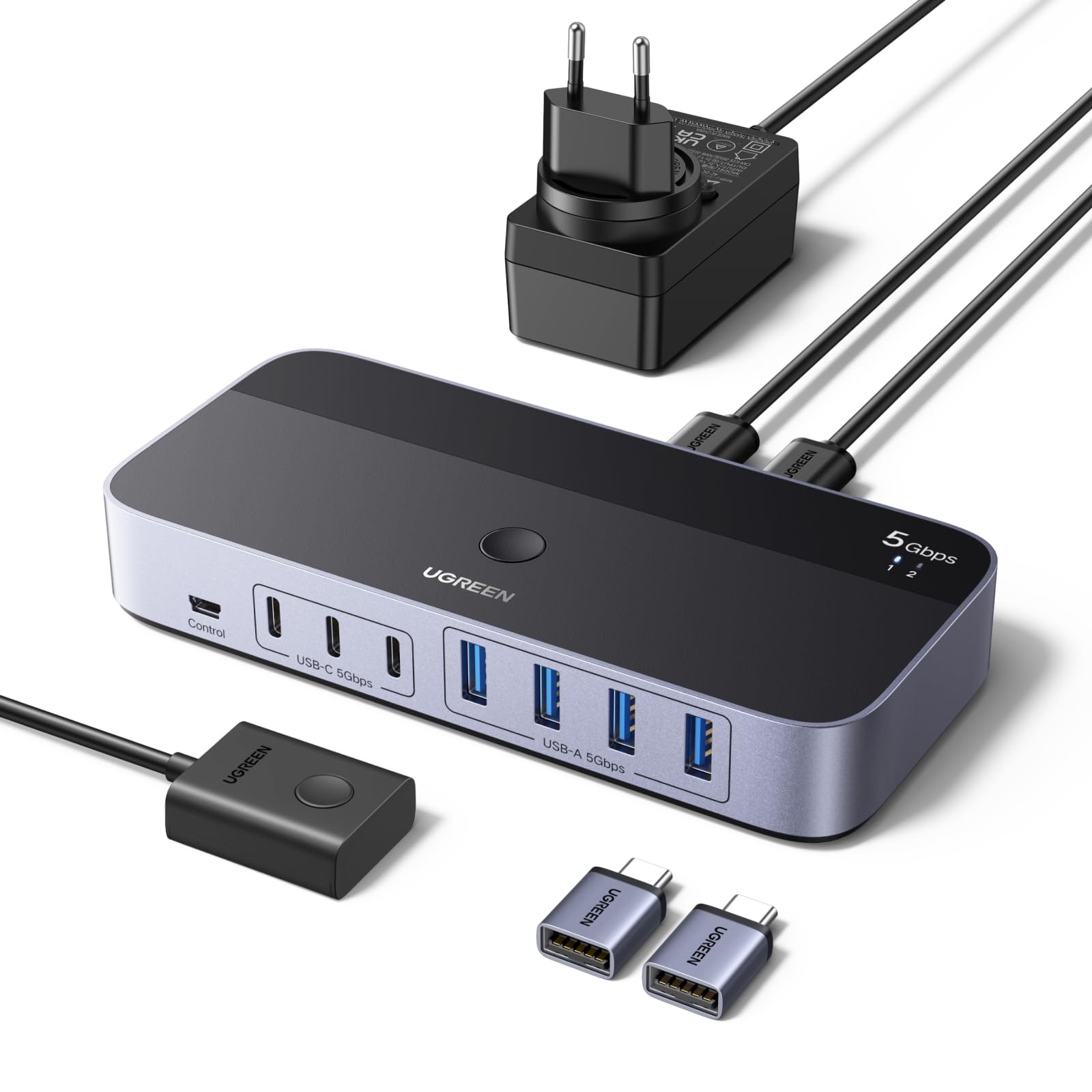 UGREEN Switch USB 5Gbps KVM Commutateur 2 PC Entrées Partagent 7 Sorties Périphériques USB pour Clavier Souris Disque Dur Imprimante Scanner Microphone avec 2 Adaptateurs USBC et Secteur DC 12V 2A
