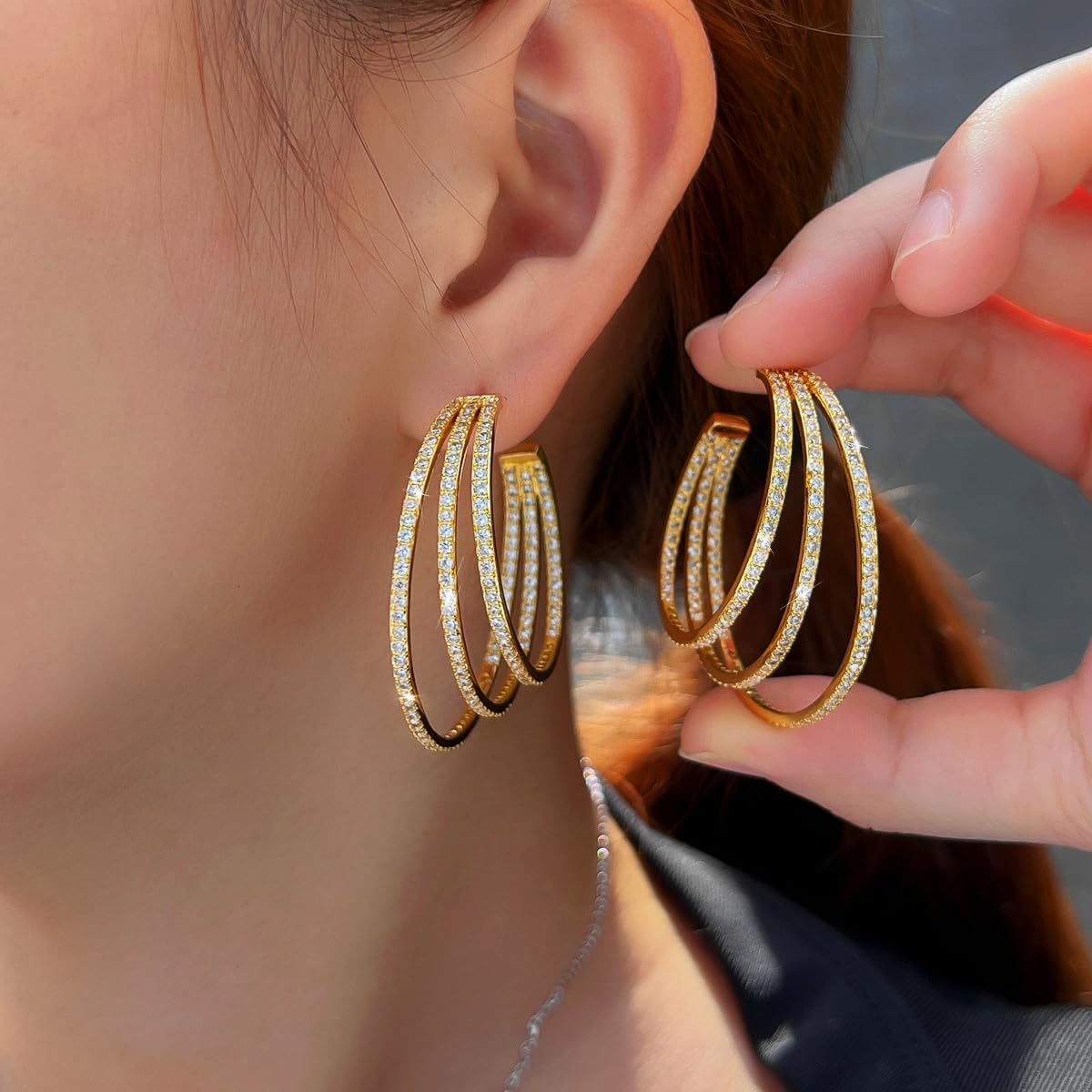 Triple Row Cubic Zirconia Big Round Hoop Earrings, Luxury Statement Dangle Jewelry for Women Wedding Party - Image 2