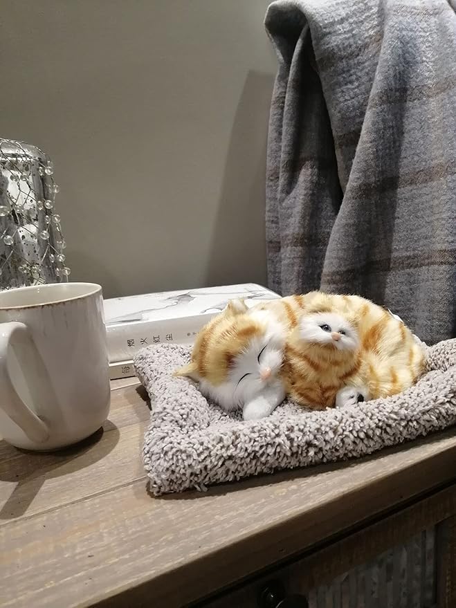 Image of Realistic Sleeping Cat Plush - Mother & Kitten Set, Soft Decorative Toy for Kids, Home & Car Decor, 25 x 20 cm (Orange Stripes)