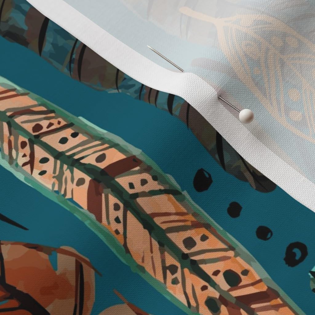 Spoonflower Fabric - Teal Feathers Boho Botanical Bohemian Autumn Watercolor Earth Tones Printed on Petal Cotton Fabric Fat Quarter - Sewing Quilting Apparel Crafts Decor