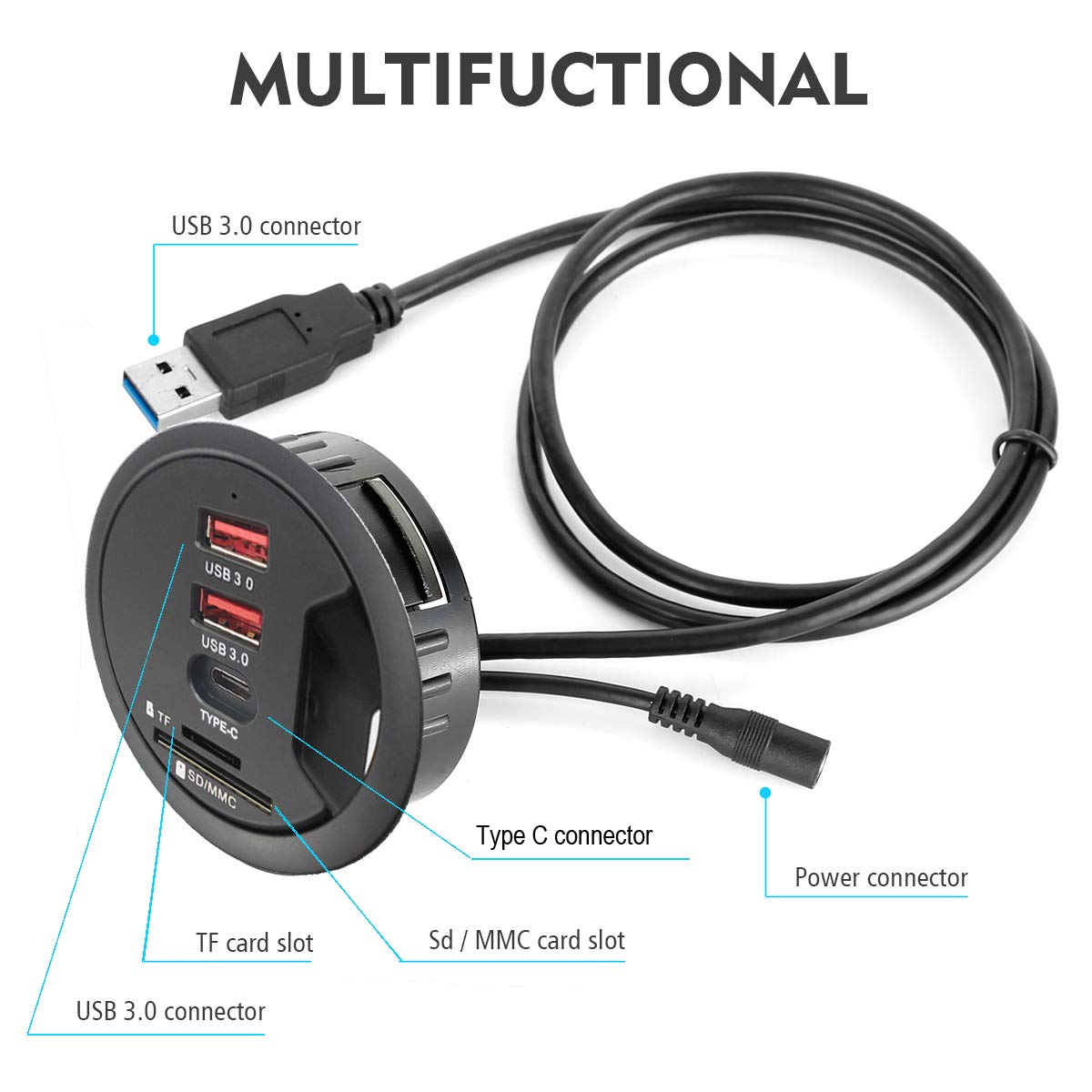 Grommet Desk-Fit USB 3.0 Hub (Diameter 2.36 Or 60MM) 2 Port Type A&2 Port Type C Compatible Charging And Data Transmission Includes 5V/2A Power Adapter