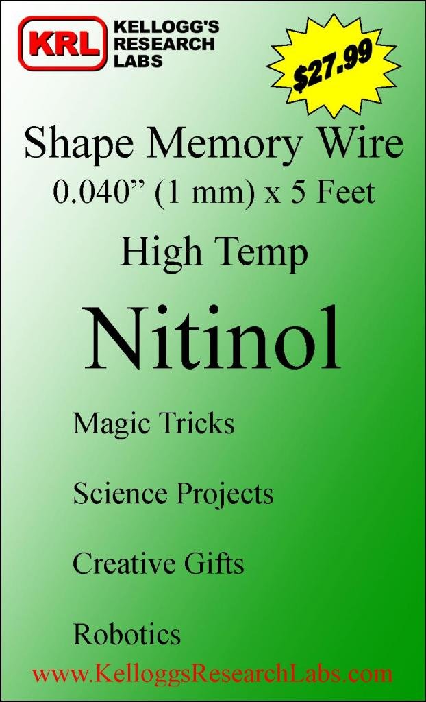 Kellogg's Research Labs, High Temp 180°F (80°C), 0.040" (1.0mm) Shape Memory Nitinol Wire, 5 feet