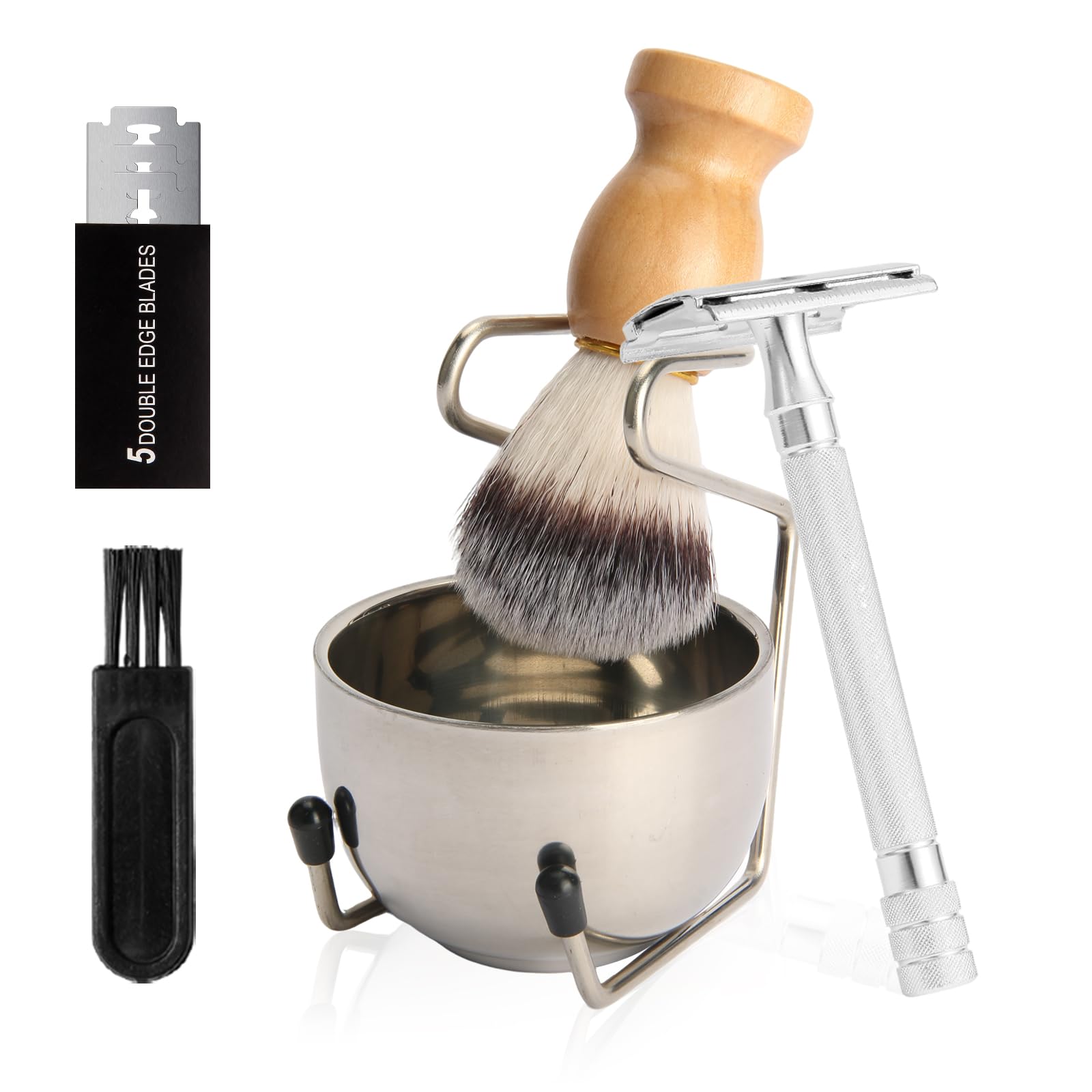 Badger Hair Shaving Brush with Wood Handle Double Edge Safety Razor Stainless Steel Shaving Stand and 3 Layers