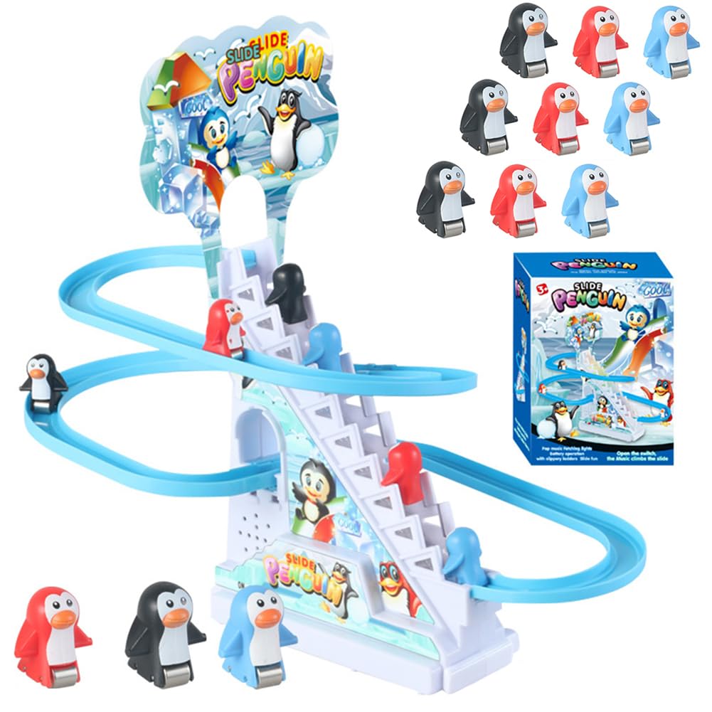 9Pcs Electric Climbing Stairs Toys, Race Track Game with LED Flashing Lights/Music, Slide Roller Coaster Toys for Kids Boys Girls 3-8 Years Christmas Birthday Gifts (9pcs Penguin)
