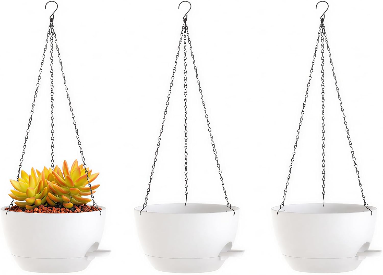Hanging Planters, 3-Pack 10 Inch Self-Watering Pots with Drainage Holes and Chains, Matte Plastic Planters for Indoor/Outdoor Plant（White Brown）