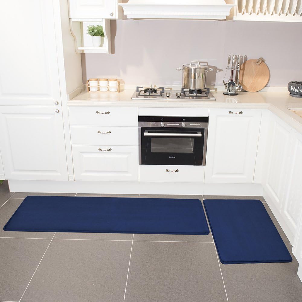 Kitchen Rug Set, LEEVAN Memory Foam Kitchen Comfort Mat Super Soft Rug Microfiber Flannel Area Runner Rugs Non-Slip Backing Washable Bathroom Rug Set of 2 Pcs-15"x23"+15"x47" (Navy)