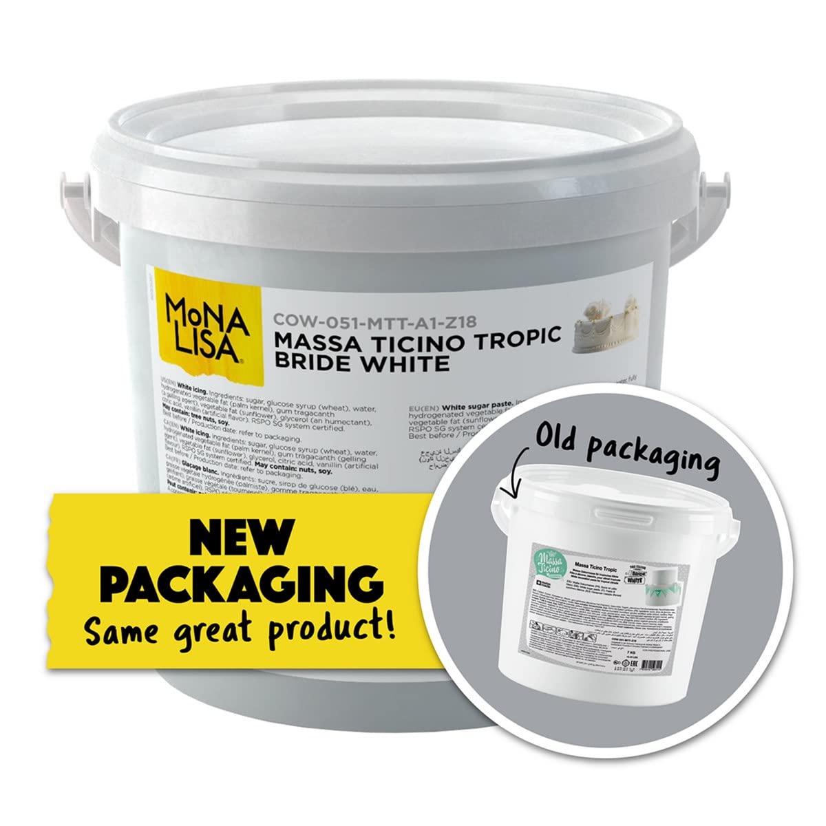 Massa Ticino Tropic Fondant Weiß 7kg | Hochwertige Zuckerpaste für Torten & Kuchen | Tropic Bride White von Mona Lisa | Vegan, zum Backen, Modellieren, Abdecken und Dekorieren