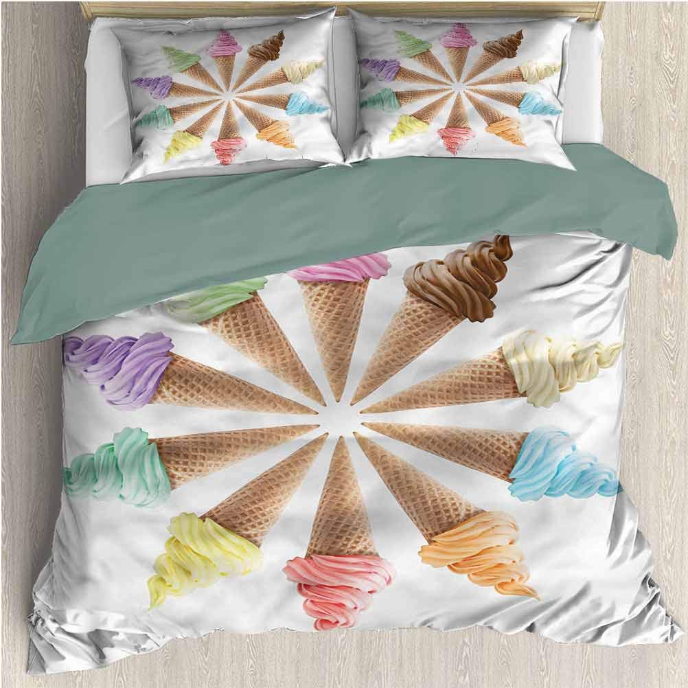 Ice Cream Bedding Set Cal King, 1 Duvet Cover + 2 Pillow Shams, Ice Cream Row Microfiber Duvet Cover Set with Zipper Closure Corner Ties