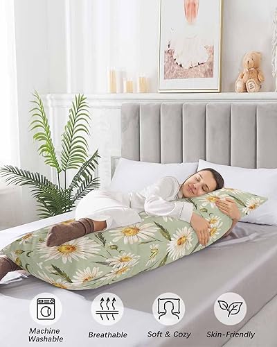 Miniatura 4 de Funda de almohada corporal de flores de margarita verde, fundas de almohada suaves decorativas de lujo para sofá largo lumbar con cierre de sobre,