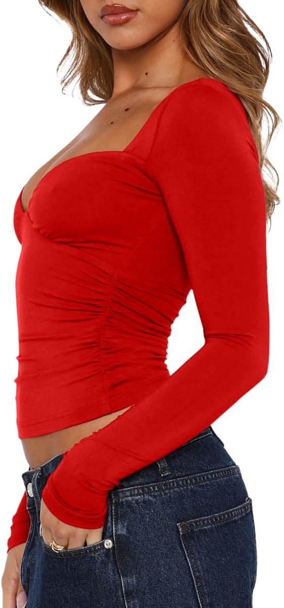 Women's Sexy Deep V Neck Long Sleeve Double Lined Ruched Tops Slim Fitted Going Out Tshirts - Image 5