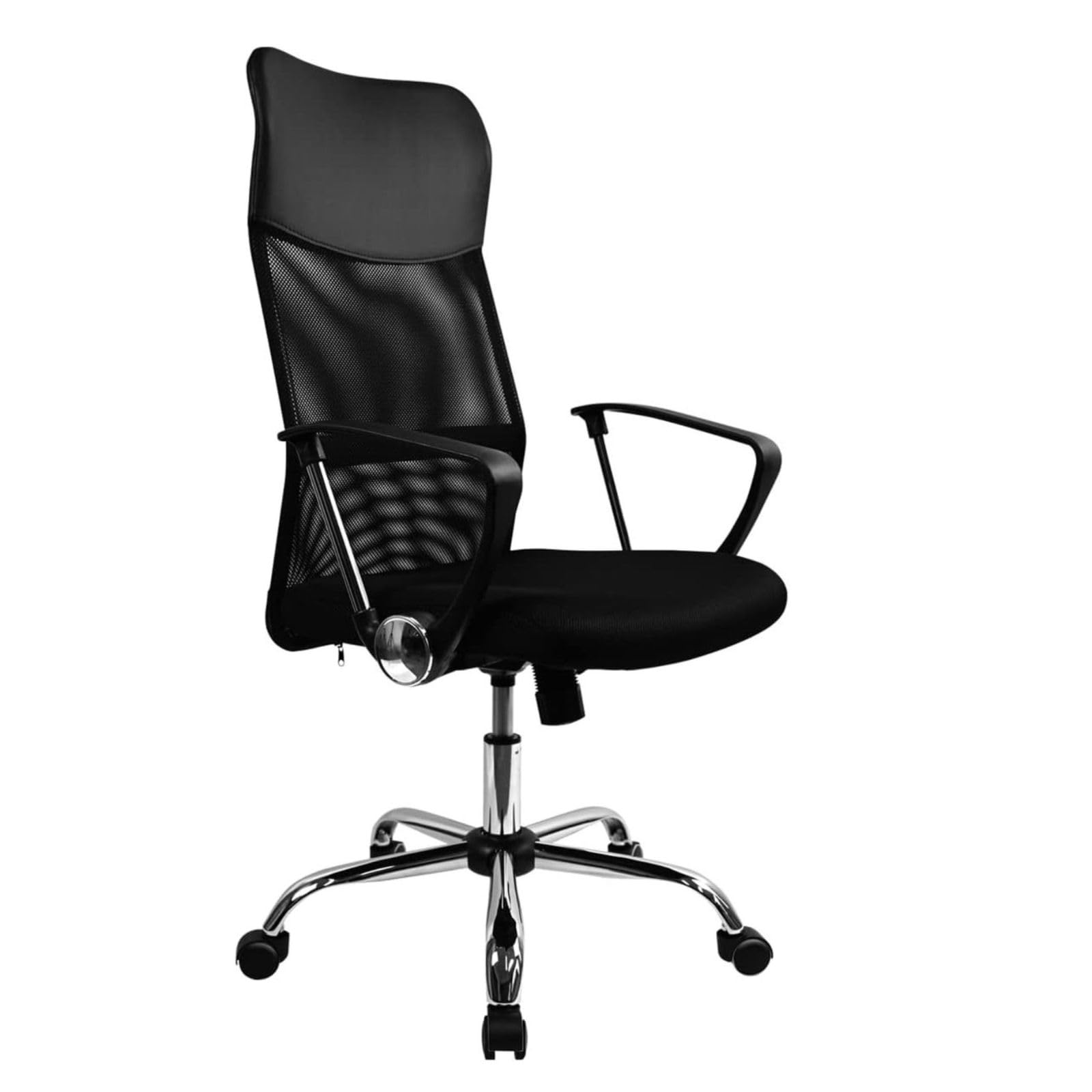 DASCK Silla de Oficina Ergonómica con Respaldo de Malla Transpirable, Altura Ajustable y Base Cromada con Ruedas 360° – Asiento Acolchado y Reposabrazos Fijos – Negra