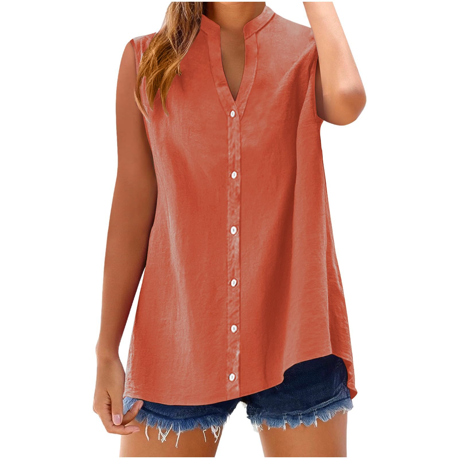 Womens Summer Sleeveless Cotton Linen Shirts Casual Notch V Neck Button Decor Tank Tops Ladies Beach Vacation Clothes