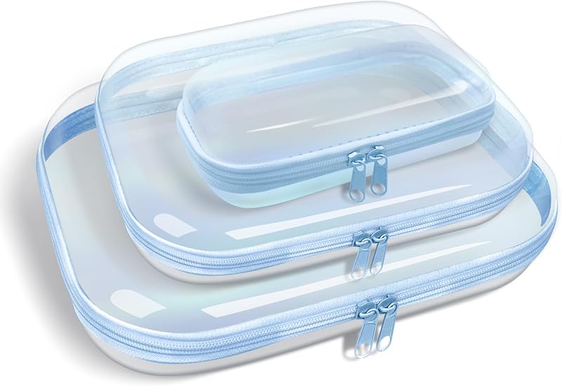 Necessaire de plástico rígido transparente com zíper duplo, 3 unidades, Laser-Blue