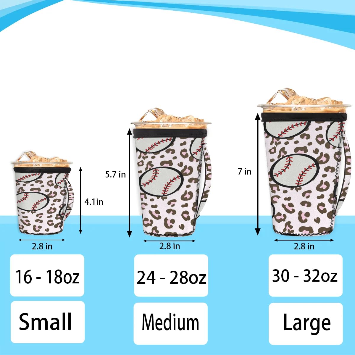 Abstract Baseball Leopard Print M Reusable Iced Insulator Coffee Sleeves Neoprene Insulated Sleeves With Handle Coffee Sleeves for Iced Coffee Cups Drinks