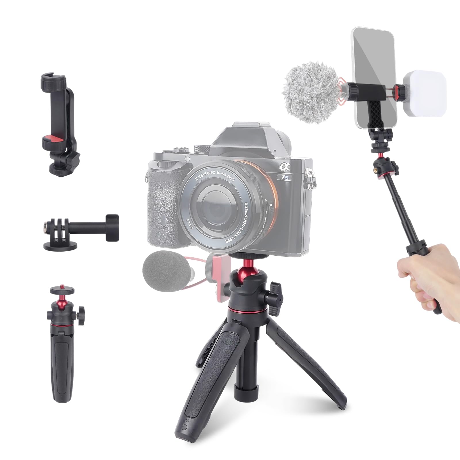 Mechrig Extendable Mini Tripod Selfie Stick Kits, Vlogging Tripod Camera Handheld with 360° Ball Head/Cold Shoe/3-Section Adjustment, Desktop Camera