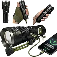 Lanterna Tática LED Recarregável USB Alcance de 2km Profissional Zoom Ajustável e Longo Alcance Função Power Bank e Resistente à Água Alumínio Aeronáutico para Camping, Segurança e Emergências