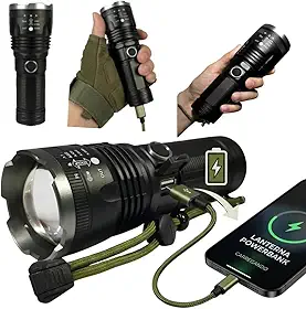 Lanterna Tática LED Recarregável USB Alcance de 2km Profissional Zoom Ajustável e Longo Alcance Função Power Bank e Resistente à Água Alumínio Aeronáutico para Camping, Segurança e Emergências