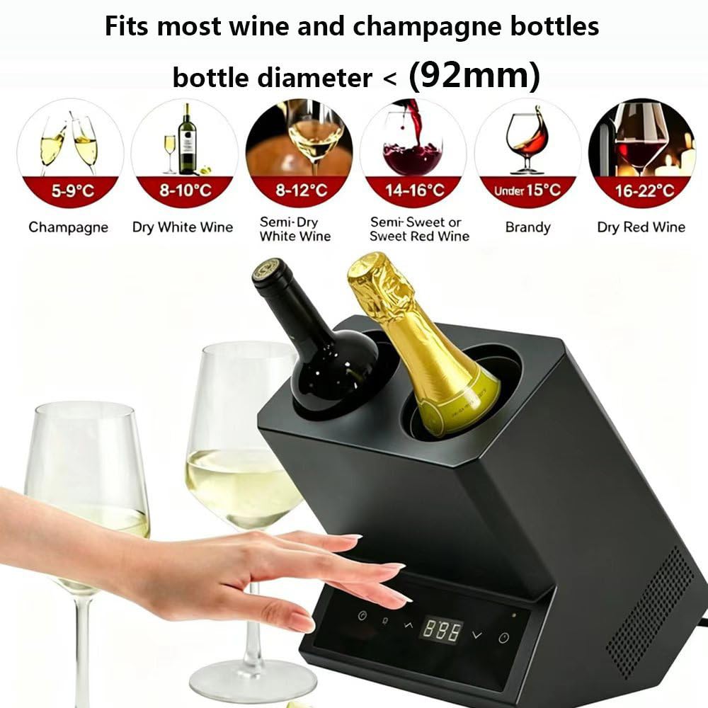 Enfriador De Vino EléCtrico para Dos Botellas, con Control Digital De Temperatura (5-18 °C) Y RefrigeracióN Continua De 24 Horas; PortáTil, Ideal para Cocina, Coche O Autocaravana