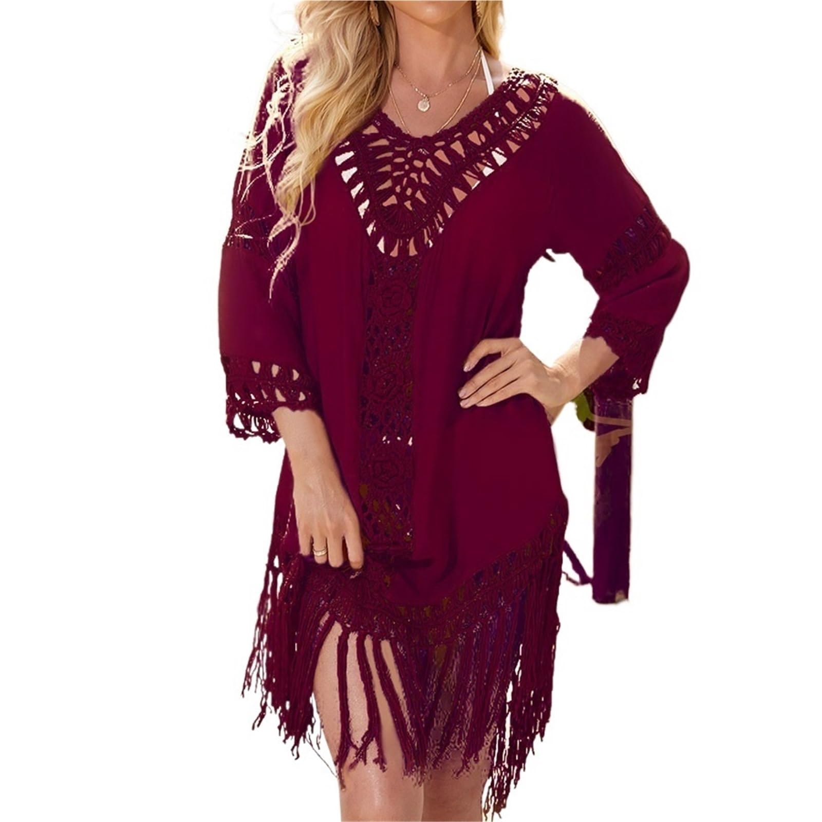 Vestido de playa crochet transpirable con mangas y flecos