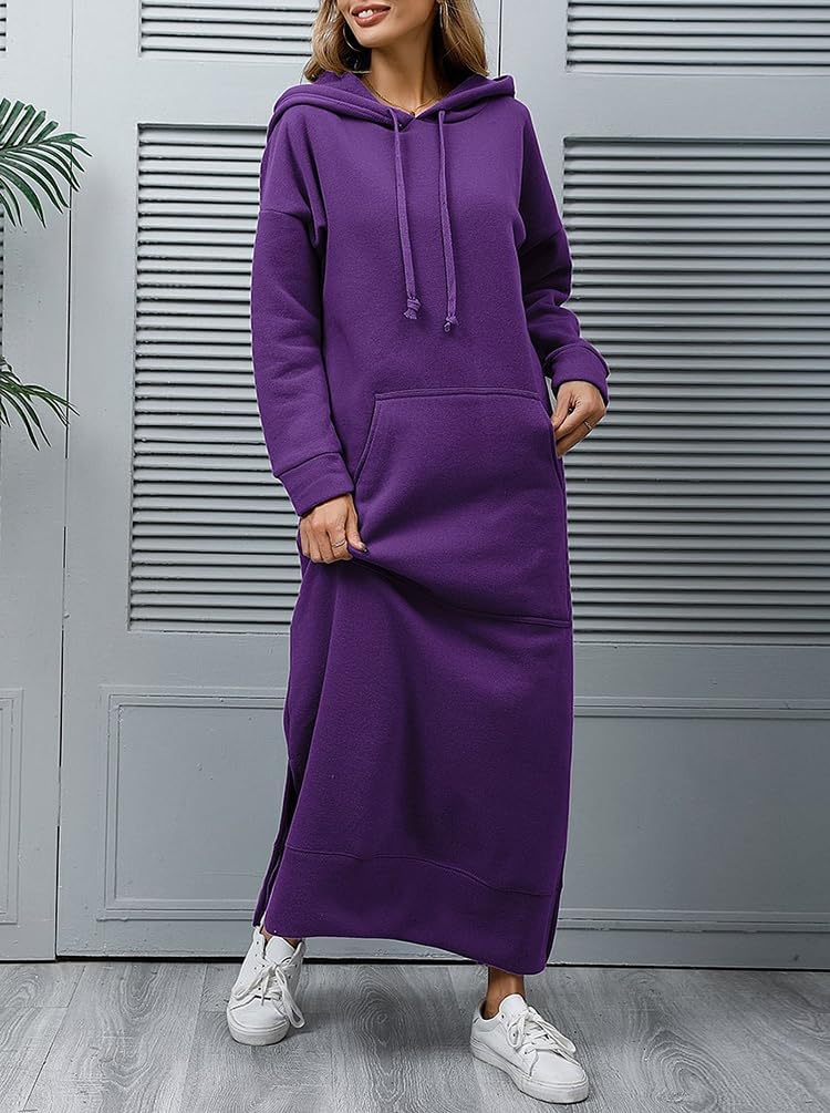 Generisch Damska bluza z kapturem, z długim rękawem, ciepła bluza na jesień i zimę, sukienka maxi z kieszeniami
