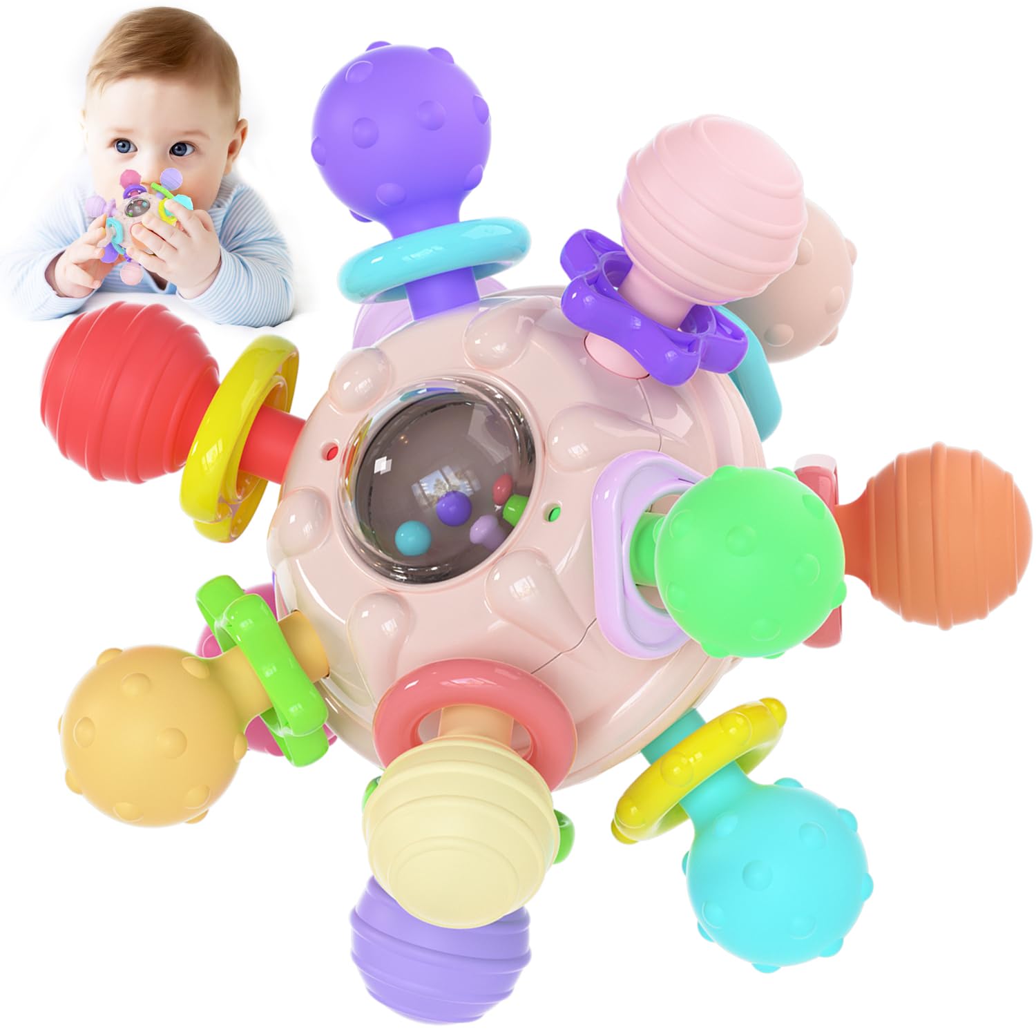 Juguetes Mordedor Pelota Sonajeros Bebe, Silicona de Denticion sin BPA, Juguete de Actividad Sensorial Regalos Para Bebé Niña Niño 0-3-6-12 Meses