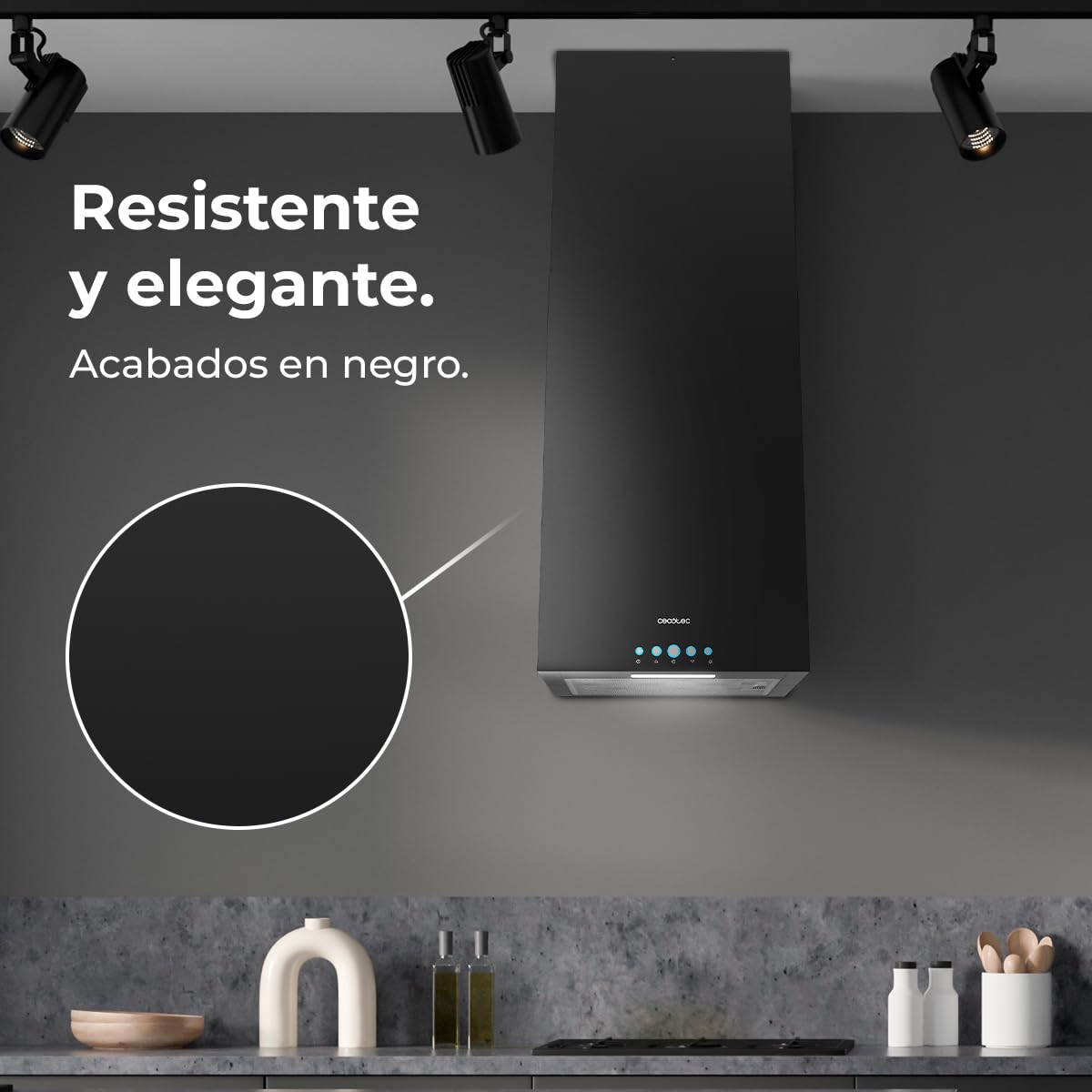 Cecotec Cappa Aspirante a Isola 38 cm - Cappa Cucina. Bolero Flux ICT 388000 Black A++ 210W, Cappa 38cm Acciaio inox nero, Flusso d'Aria 800m3/h, A++, Touch, LED, Carbonio Ø176, alluminio 5 strati