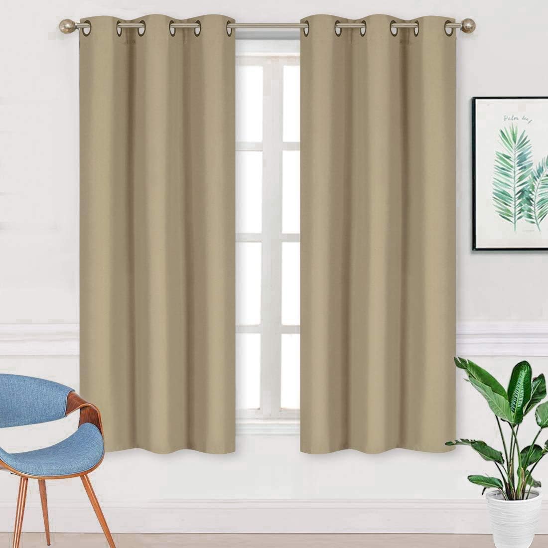 Home Collection 2 Panels 100% Blackout Curtain Set Solid Color with Rod Pocket Grommet Drapes for Kitchen, Dinning Room, Bathroom, Bedroom ,Living Room Window New (74” Wide X 62” Long, Tan)