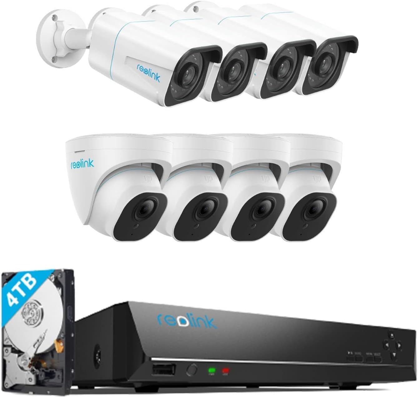 REOLINK 4K Security Camera System, 8pcs H.265 4K PoE Security Cameras Wired with Person Vehicle Detection, 8MP/4K 16CH NVR with 4TB HDD Bundle with 4X 810A and 4X 820A