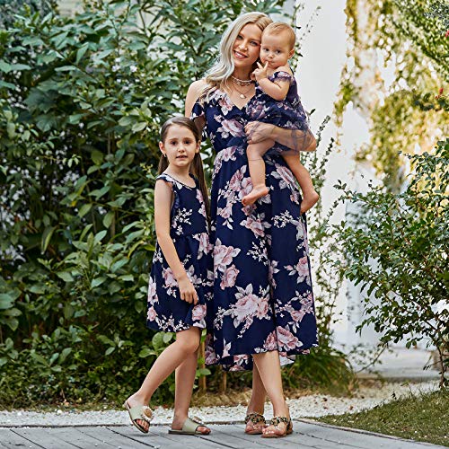PopReal Mommy and Me Dresses Floral Print Cold Shoulder Ruffle Backless Strap Romper Beach Midi Dress Summer2