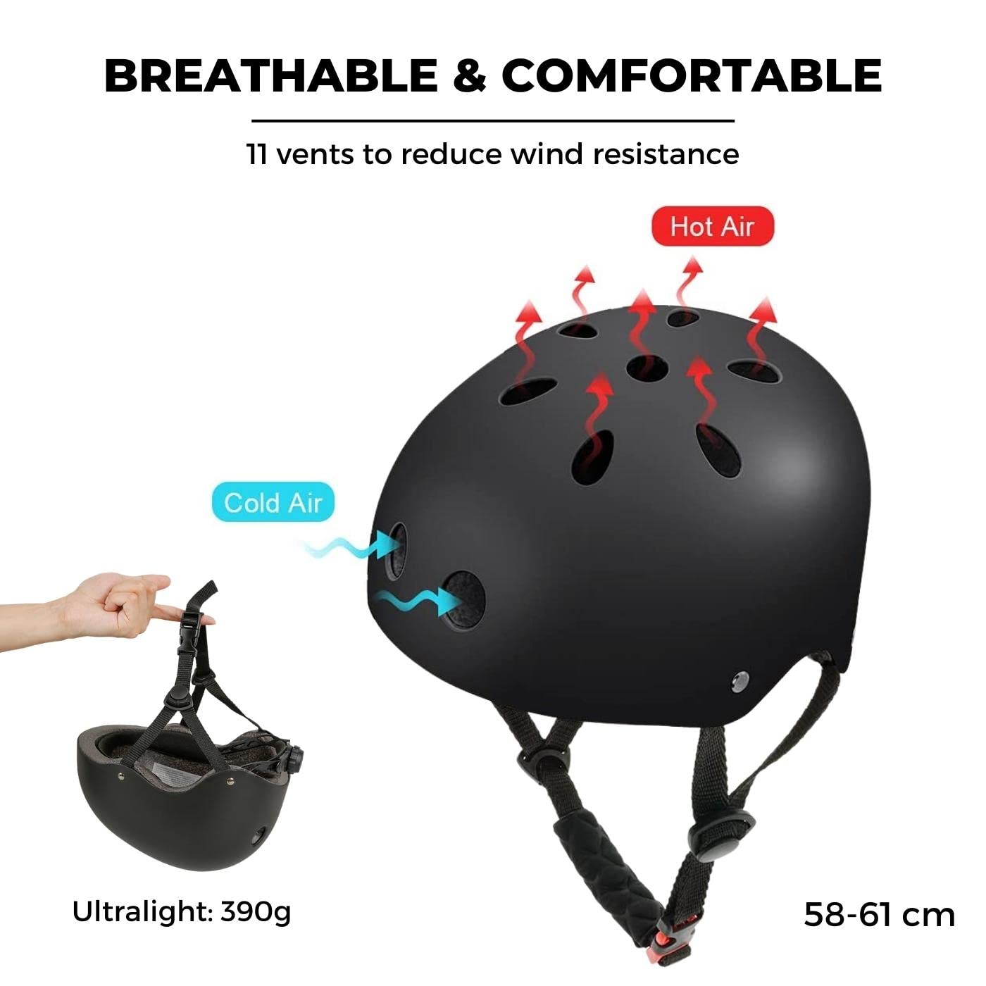 Casco para Patinaje, Scooter, Bici, Patinete. Casco Deportivo Unisex Adultos con Forro Desmontable, Carcasa de ABS + EPS, 11 Respiraderos, Correa y Rueda de Circunferencia Ajustable.