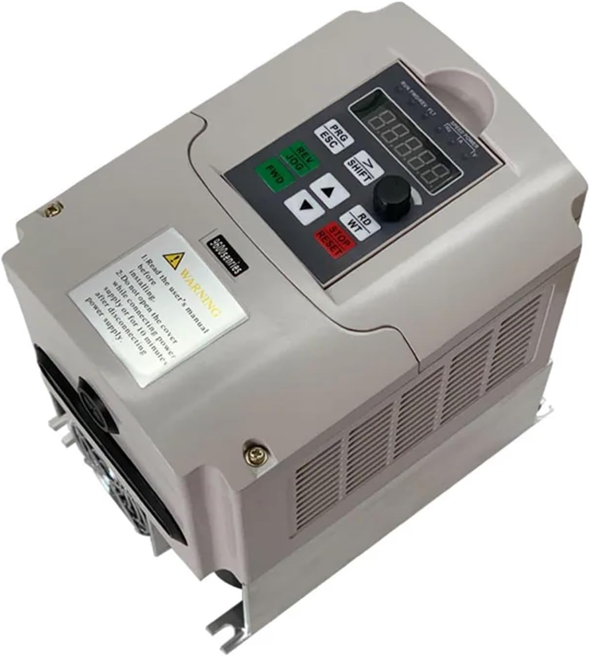 Angled view of the XTLECLYR VFD showing a warning label