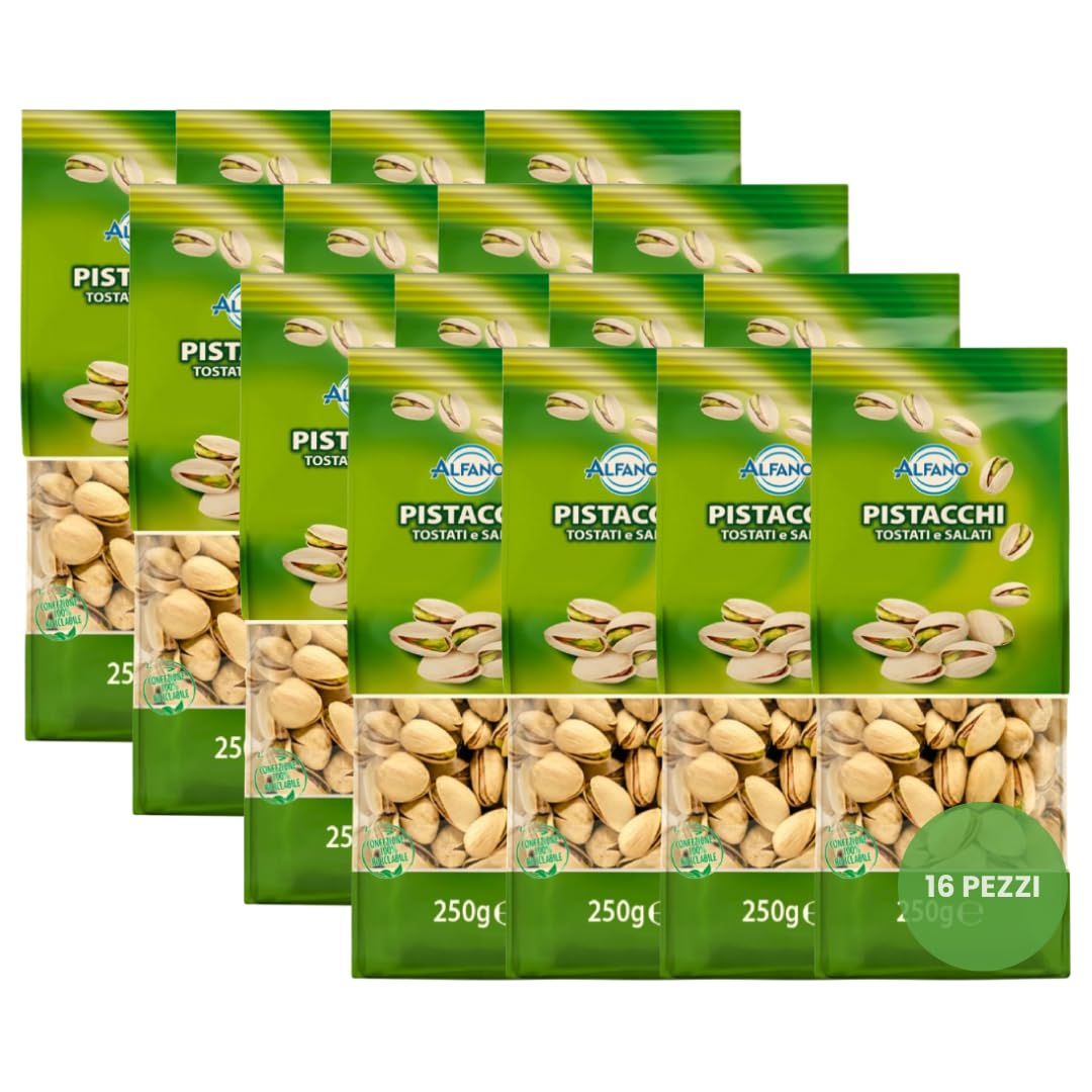 Alfano dal 1940 Pistacchi Salati Tostati 250g Frutta Secca Ricca di Fibre e Magnesio, Fonte di Potassio Ideale come Snack Aperitivo (16 Pezzi)