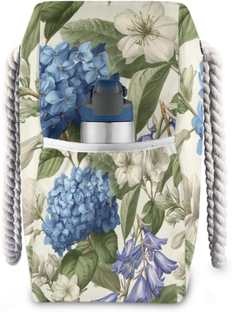 OTVEE Blue Hydrangeas and Bluebells Beach Bags for Women Ladies Large Canvas Tote Shoulder Bag Waterproof Travel Bags for Gym Swim Pool Camping