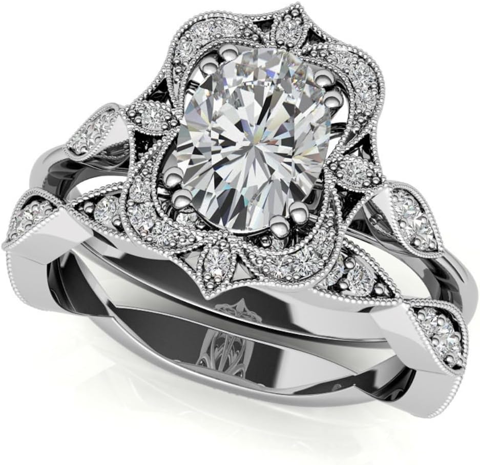 3 CT Oval Cut Halo Engagement Ring Colorless Moissanite Rings Promise Gifts for Her Milgrain Moissanite Wedding Ring Set