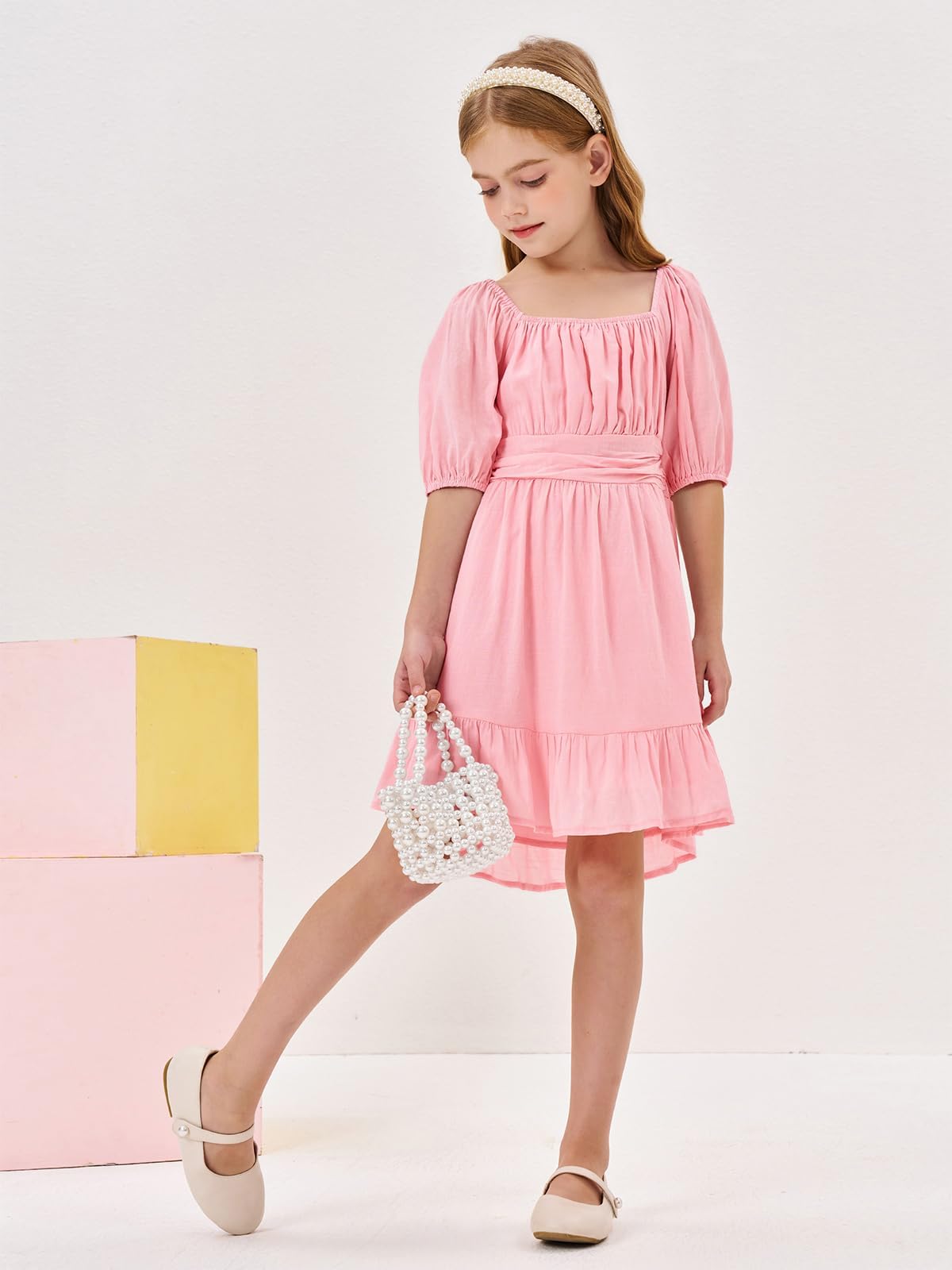 Haloumoning Vestidos de verano para niñas, de manga corta, cuello cuadrado, con cordones, espalda descubierta, volantes, acampanado, vestido de fiesta