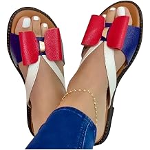 Women Shoes Summer Women Fashion Flat Color Blocking Bowknot Large Size Sandals Slippers PU Beach Outdoor Slides Color Red, Size 41