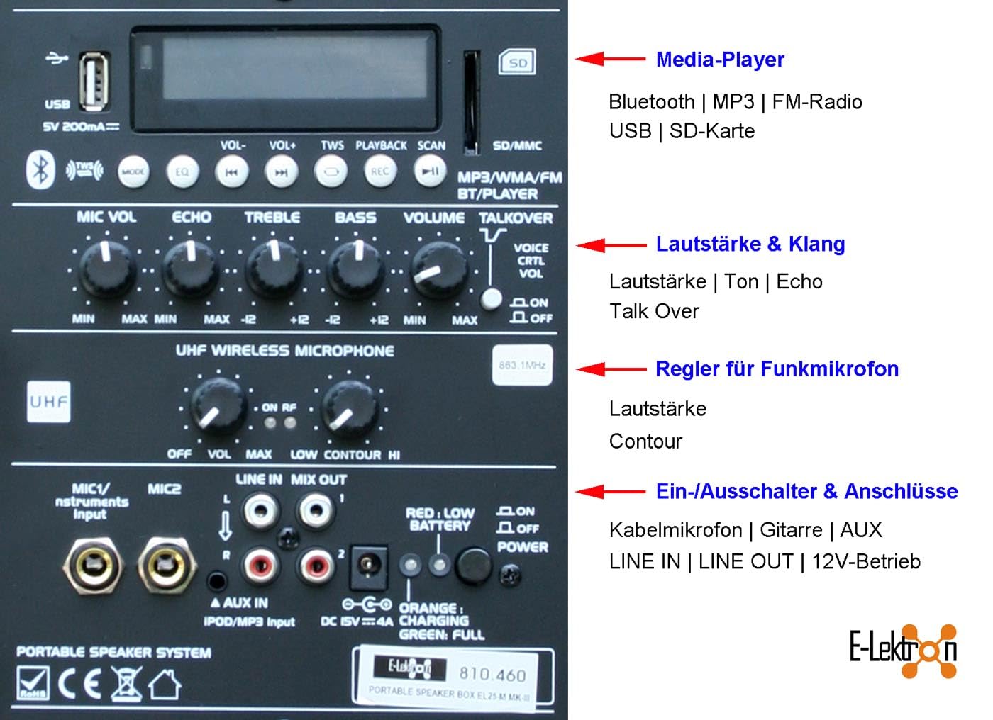 E-Lektron EL25-M MK-III Mobile PA Sound Anlage Partybox Bluetooth Lautsprecher Groß Akku-MP3-USB-SD FM-Radio inkl. 1 UHF Funkmikrofon und Fernbedienung Soundsystem - Mobile Musikbox