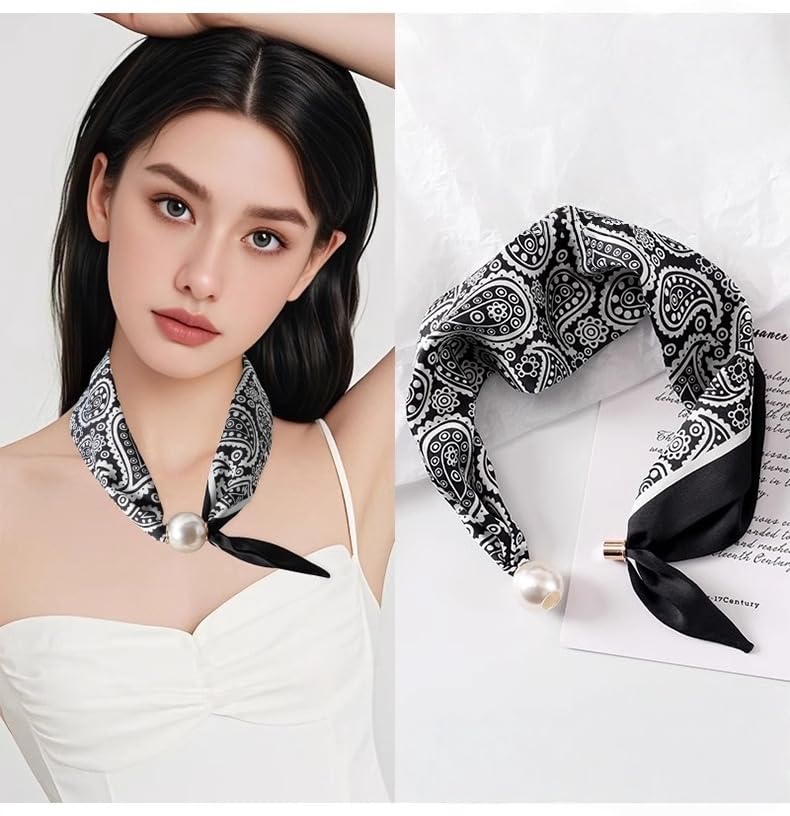Women’s Silk Pearl magnetic buckle Scarf with Charm Buckle Satin Square Scarf for Neck Retro Floral Print，hair band3