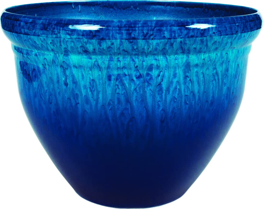 The HC Companies 12 Inch Pizzazz Decorative Round Planter - Lightweight Premium Resin Plant Pot with a Ceramic Look for Indoor Outdoor Use, Admiral Blue
