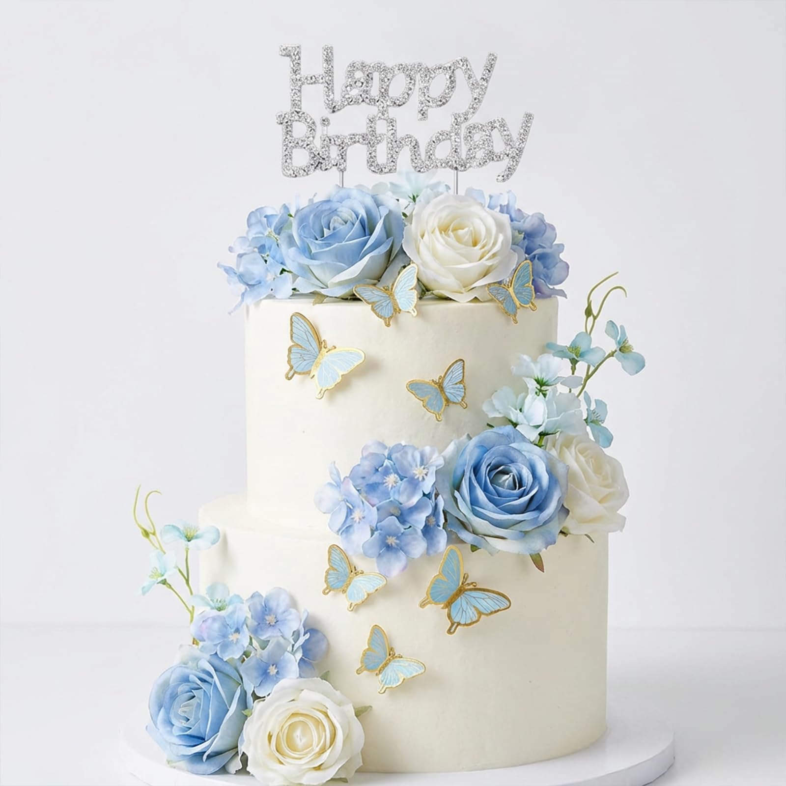 19pcs Artificial Flowers Cake Decorations Set - Elegant Floral Cake Toppers with Metal Birthday Sign for Party, Wedding, Anniversary Decorations
