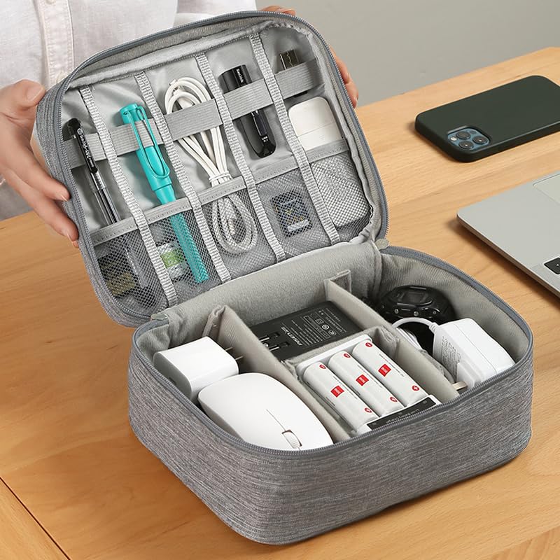 Electronic Cable Organizer Bag, Tech Accessories Storage Case, Portable Waterproof Electronics Organizer Case for Cable, Cord, Charger, Phone, Earphone, Grey
