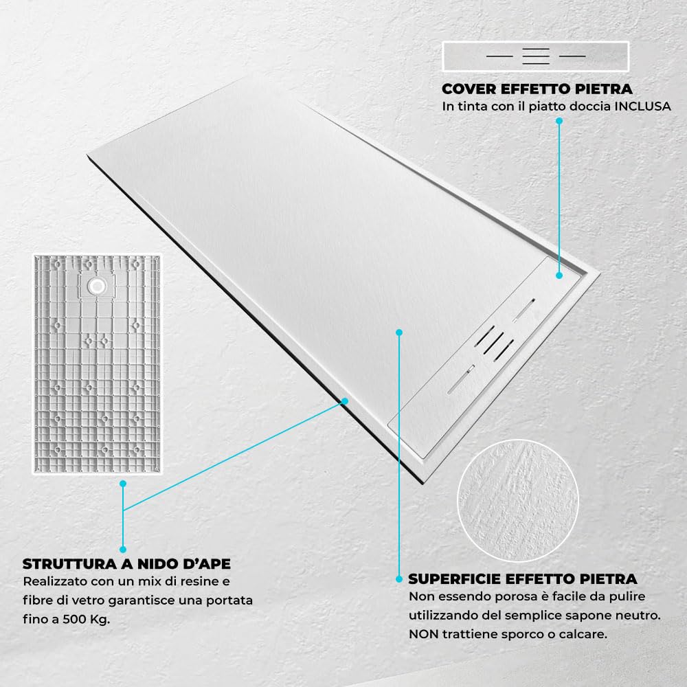 Piatto doccia 70x140 cm bianco effetto pietra in resina, spessore 3 cm e scarico con canalina, riducibile su misura ARGO
